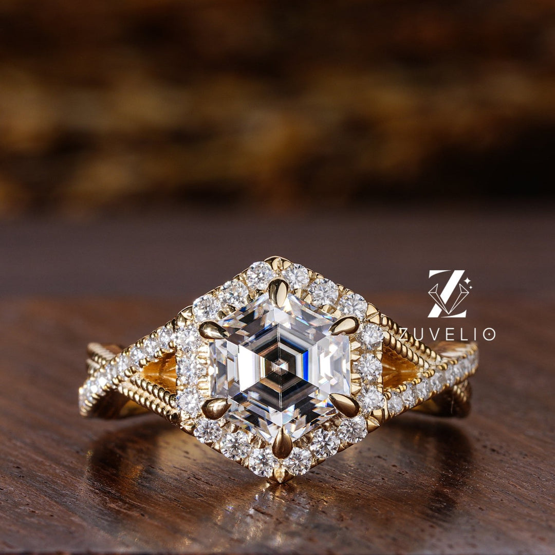 Hezagon Cut Yellow Gold Ring