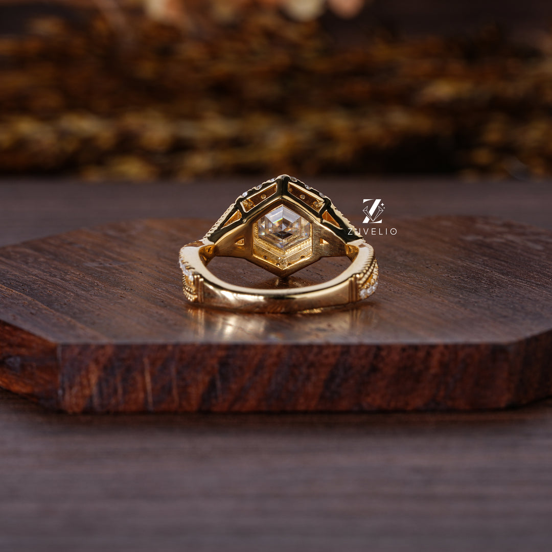 Hezagon Cut Yellow Gold Ring