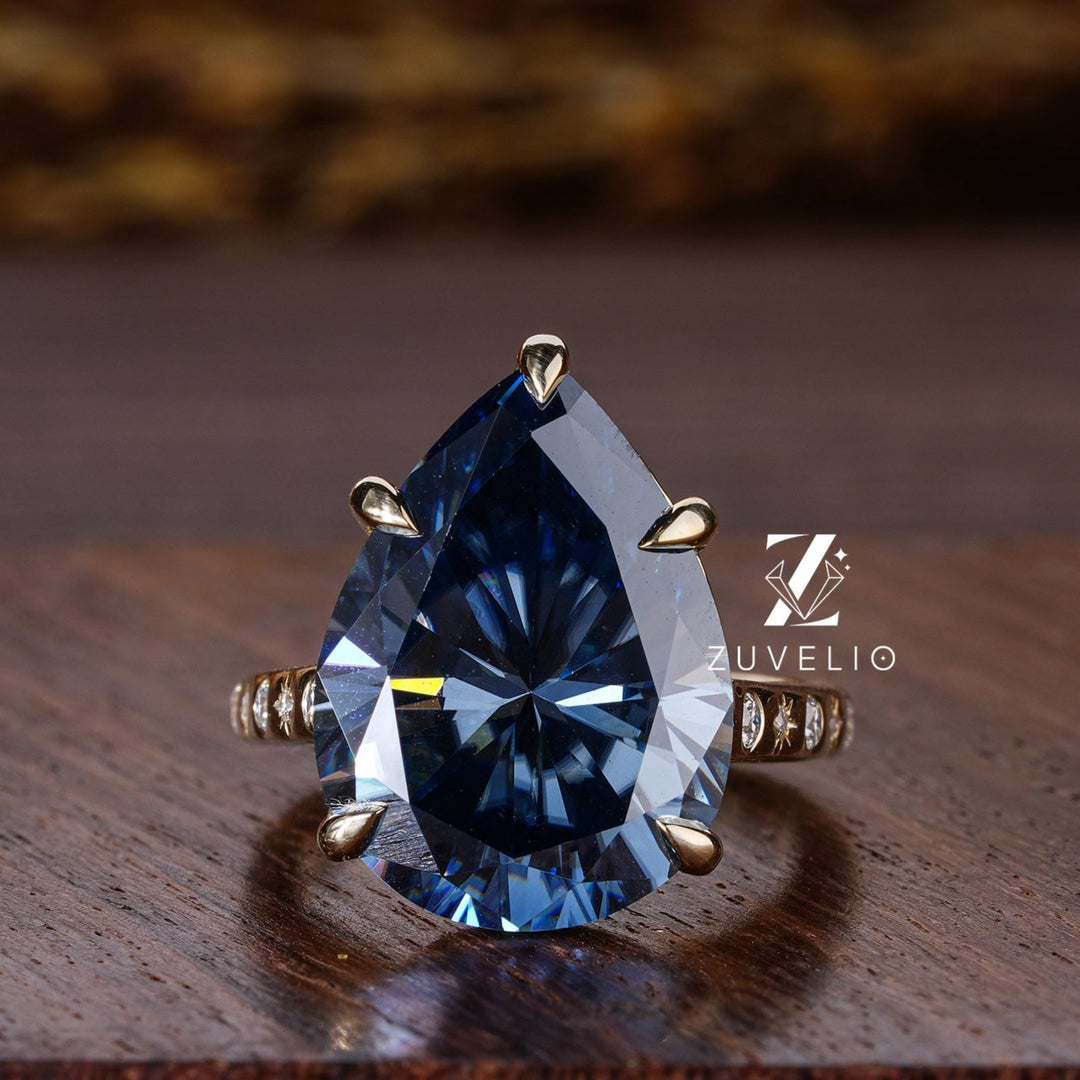 Blue Pear Moissanite Ring