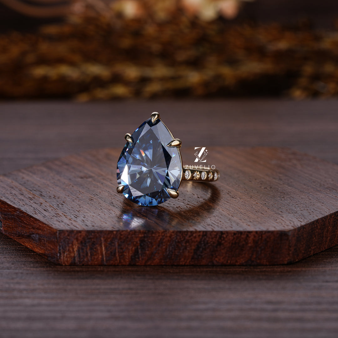 Blue Pear Moissanite Ring