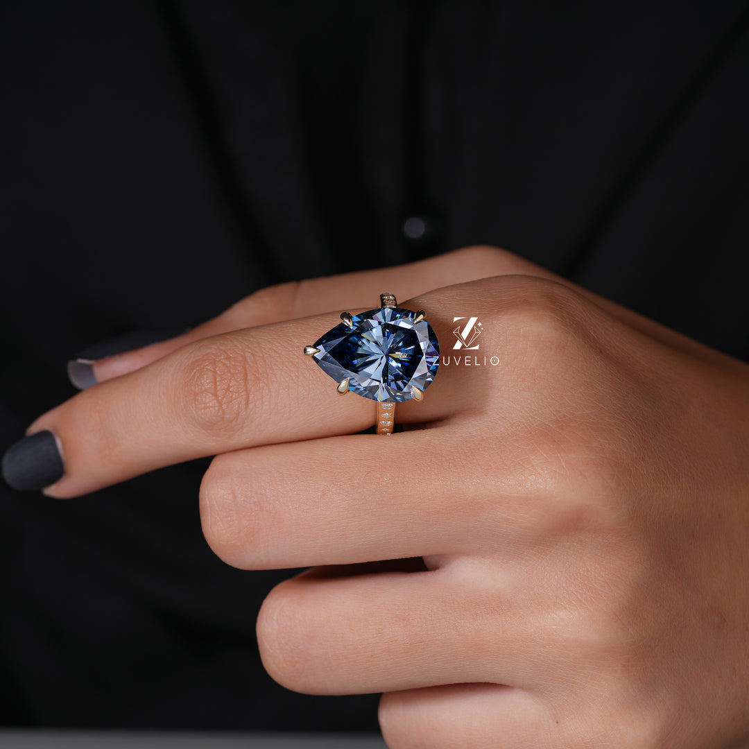 Blue Pear Moissanite Ring