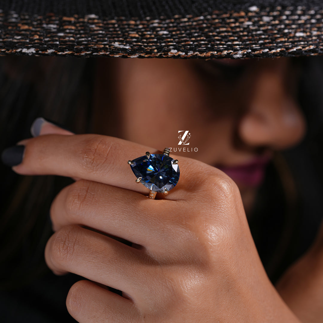 Blue Pear Moissanite Ring