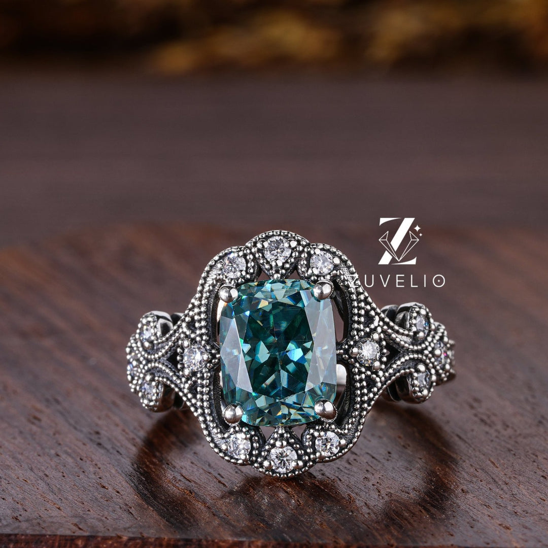 Blue-Green Moissanite Milgrain Ring