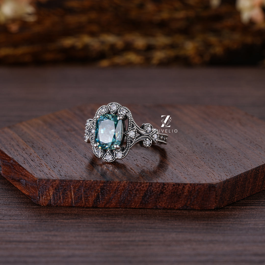 Blue-Green Moissanite Milgrain Ring