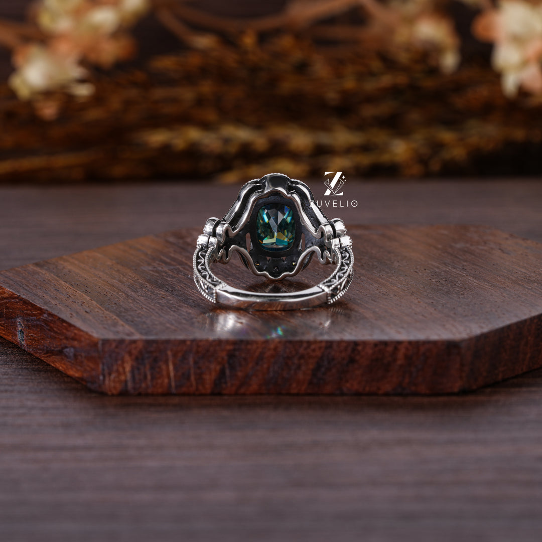 Blue-Green Moissanite Milgrain Ring