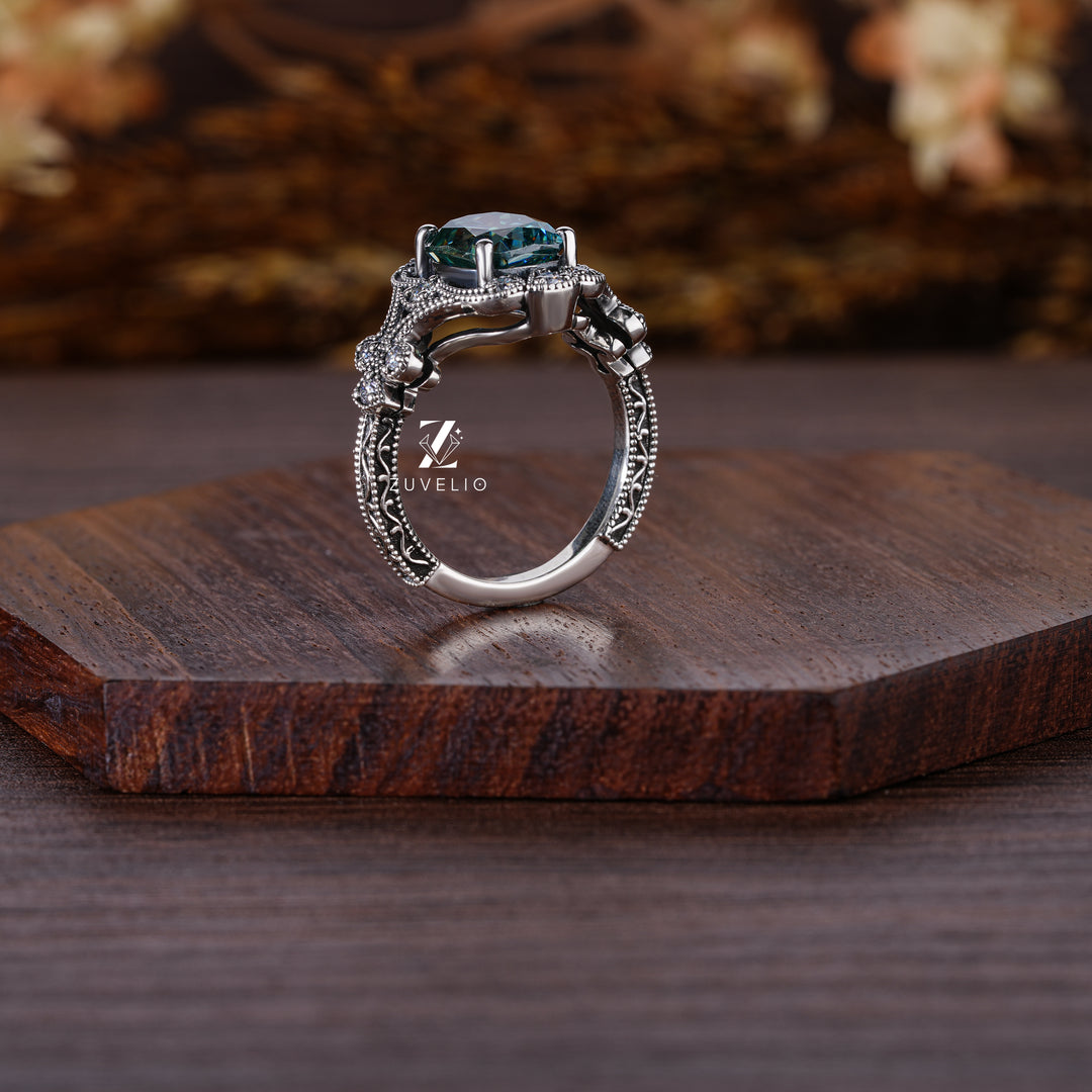 Blue-Green Moissanite Milgrain Ring