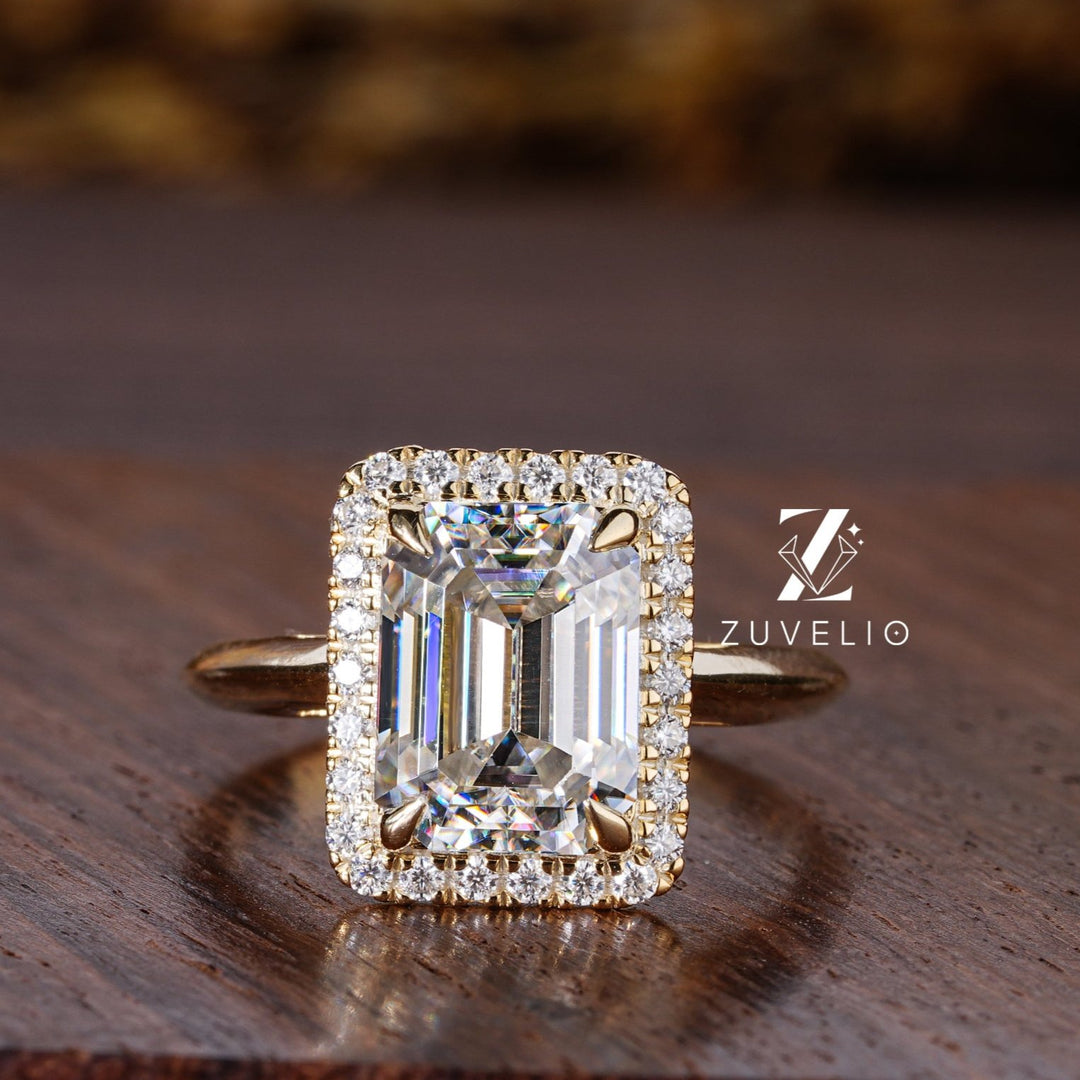 Halo Emerald Cut Moissanite Ring