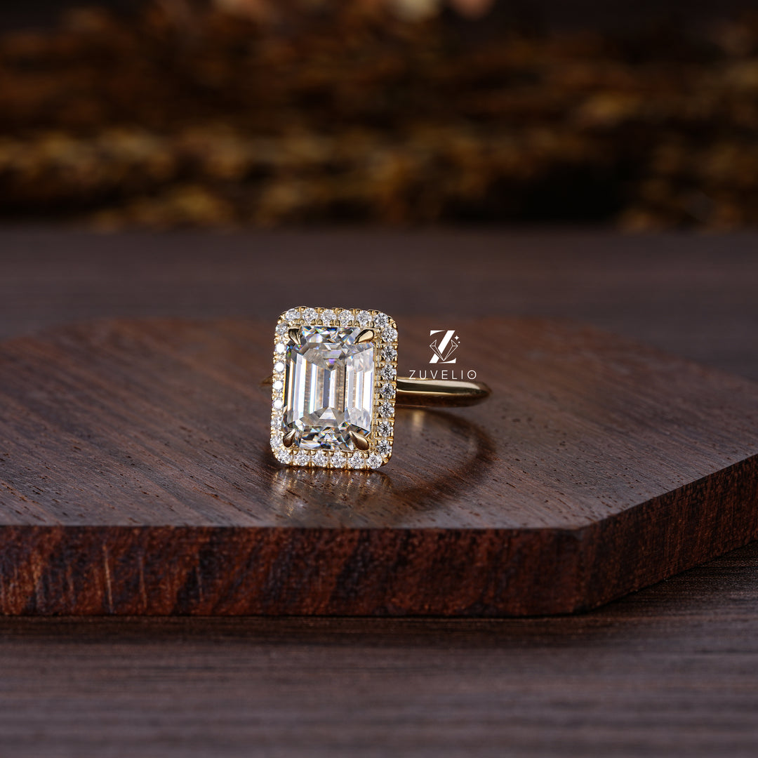 Halo Emerald Cut Moissanite Ring